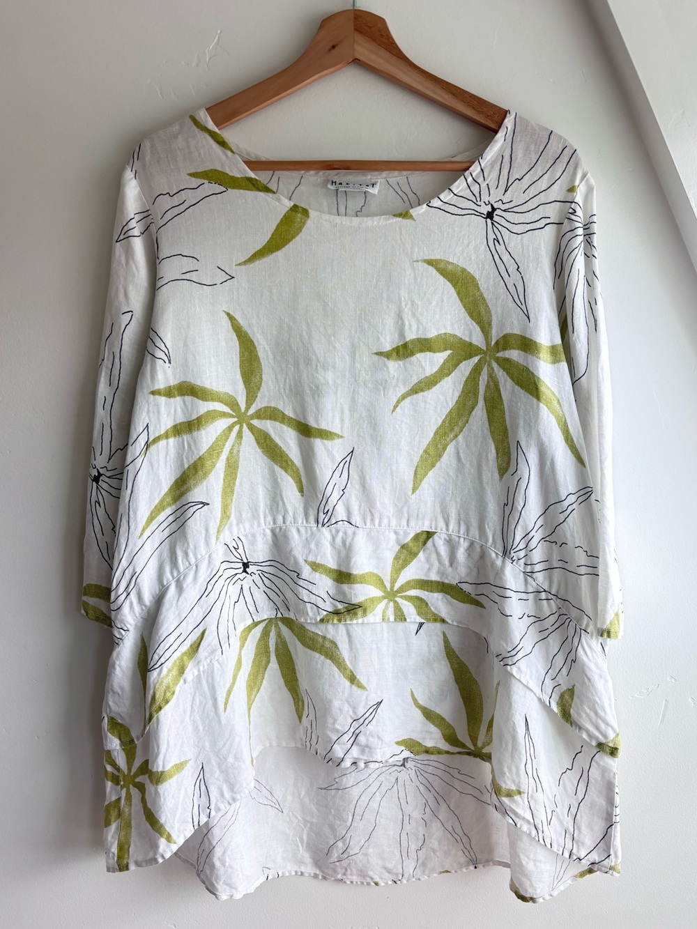 Habitat Tunic Top Green Floral botanical 100% Linen Lagenlook Mature Sz S